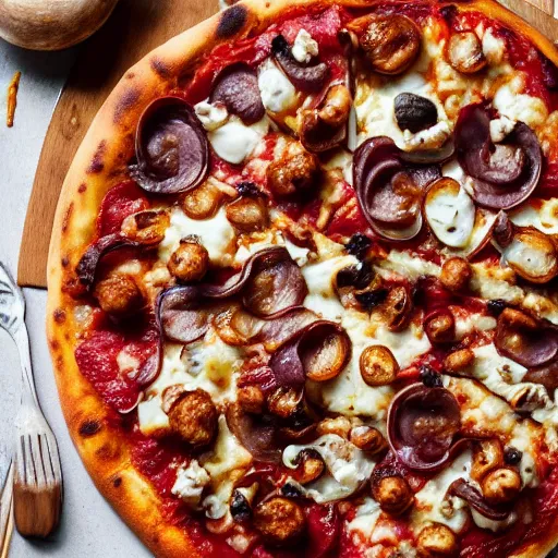 Image similar to promotional portrait photo of a delicious pizza with mozzarella, chorizo, mushrooms, bacon, blue cheese, meat balls, red onions, uhd, 8 k, award winning, commercial,