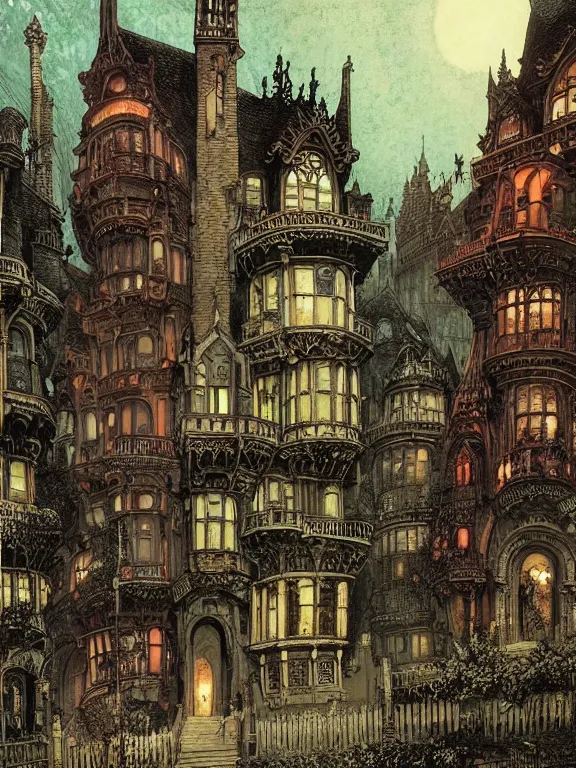 Prompt: Underground gothic victorian houses in a spooky underground cave metropolis victorian houses By thomas rowlandson, victo ngai, tatsuyuki tanaka, john atkinson grimshaw fantasy, worldbuilding, art nouveau, realistic, detailed 4k arstation