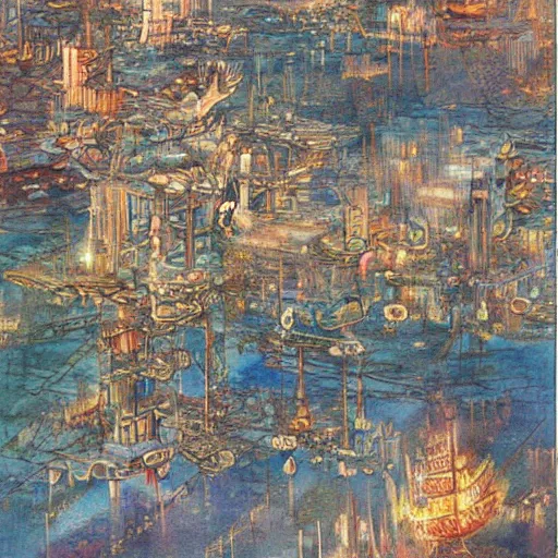 Prompt: A city on a floating island in the sky, Yoshitaka Amano, beautiful painting