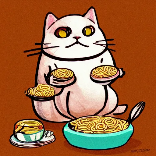 Prompt: cute fat cat sitting in front of ramen noodles on toast, japanese art artstation trending