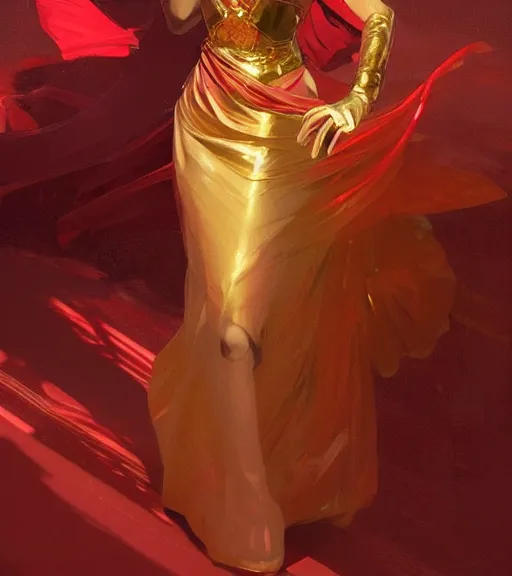 Image similar to a woman wearing a golden skirt and a red shirt, highly detailed, digital painting, artstation, concept art, smooth, sharp focus, illustration, art by artgerm and greg rutkowski and alphonse mucha, beautiful composition