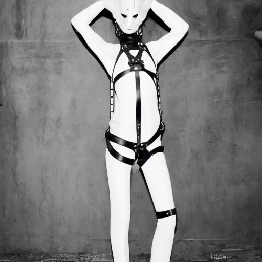 Image similar to fashion photography of an extraterrestrial model, holding a leather whip, wearing demobaza fashion, inside berghain, berlin fashion, harness, futuristic fashion, dark minimal outfit, photo 3 5 mm leica, hyperdetail, berghain, 8 k, very detailed, photo by nick knight