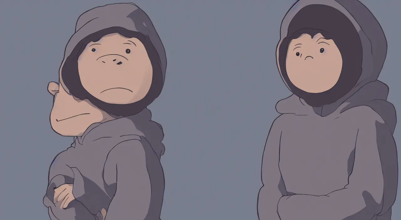 Prompt: (illustration) of A 3-d young hip ape kid wearing a hoodie, by Studio Ghibli, 8k, soft lighting, cartoon look, face enhance, sharp focus, concept art, smooth