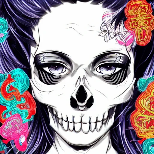 Prompt: anime manga detailed skull portrait girl face detailed highres 4k se Mucha and James Jean pop art nouveau