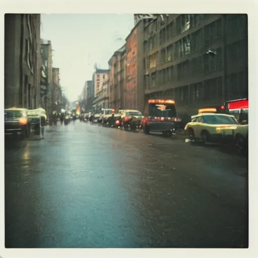 Prompt: low angle wide shot of street in the early morning, after rain, polaroid photo, by Warhol,