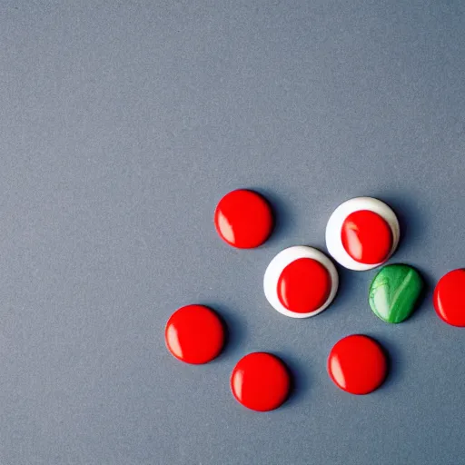 Image similar to a single red m & m candy with white arms and legs, a red sphere