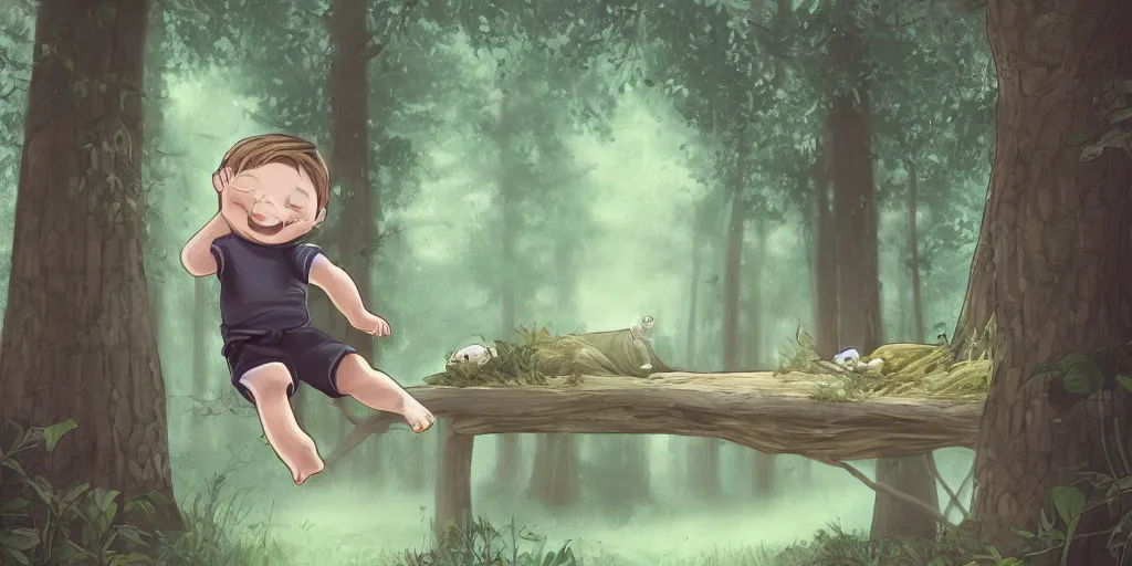 Image similar to a beautiful illustration of a sleepy little cute boy jumping on his bed in a beautiful forest, digital art, high detailed face