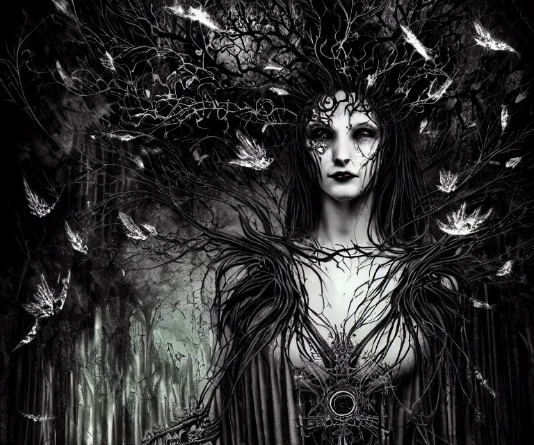 Prompt: a gothic goddess of freewill in a old temple, dark and mysterious,, eerie, cinematic, epic, 8 k, ultra detail, ultra realistic | nights falling wind is blowwing snow is pilling concept art in style of carne griffiths artwork by xsullo. | backround of beautiful floweres floatingby elson, peter kemp, peter