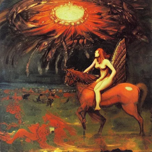 Prompt: a carousel of medieval nights, ride in fury towards the unavoidable dispair of singing sirens, their beutiful red hair flows like in water and reminds you of the sunset dripping into the nights, the gods of egypt have arise, by goya, Godward, austin osman spare, nebezial, hyper real oil painting, expressives brushstrokes, a pinch of pollock, a quarter of madness, rendered in unreal engine
