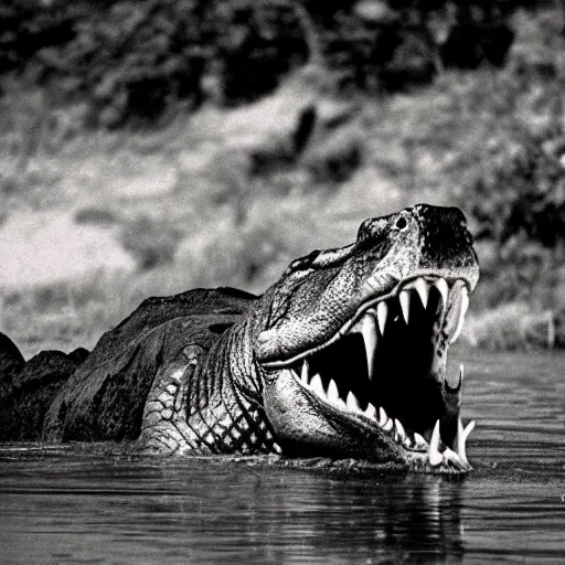 Image similar to found retro footage of a giant crocodile ambushing a lion from a murky lake, high temperature, cinematic lighting, focused eyes, apex predator standoff