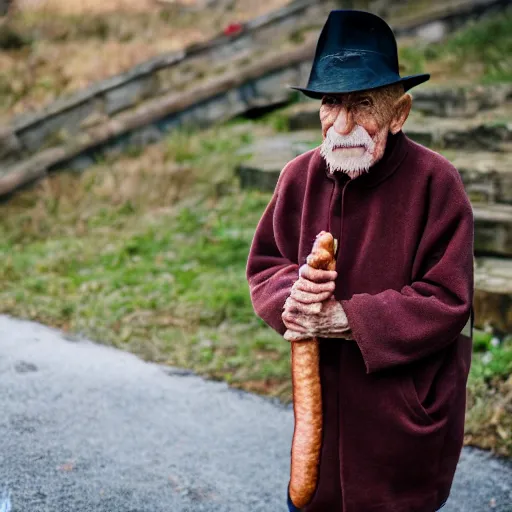 Image similar to An elderly man with a sausage for a nose, Canon EOS R3, f/1.4, ISO 200, 1/160s, 8K, RAW, unedited, symmetrical balance, in-frame