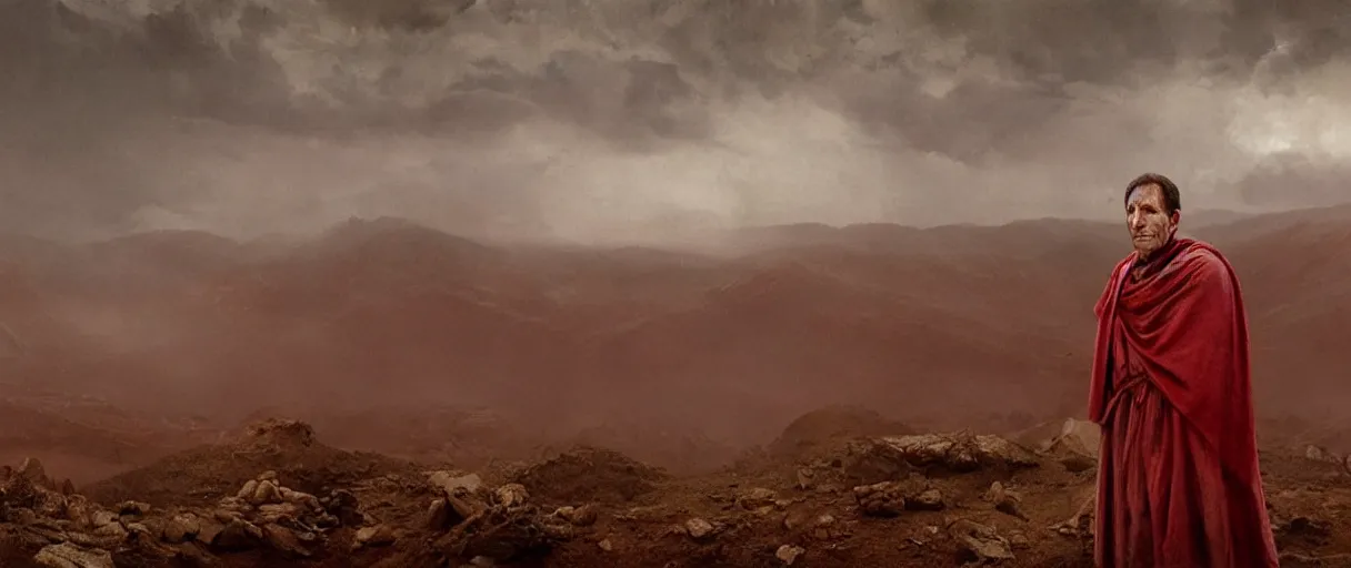 Image similar to the end is near. a tired and exhausted julius caesar somewhere in the atlas mountains. face is highly detailed. splices of red are running down his toga. mist. the soil is red. strong winds. dramatic sky. low angle wide shot. atmospheric. global illumination. concept art. imagined by jeremy lipking, greg rutkowski and eddie mendoza.