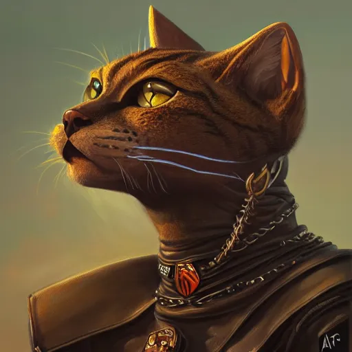 Prompt: portrait painting of a black tabaxi biker, sharp focus, award - winning, trending on artstation, masterpiece, highly detailed, intricate. art by merwild and ernesto irawan and rachel denton