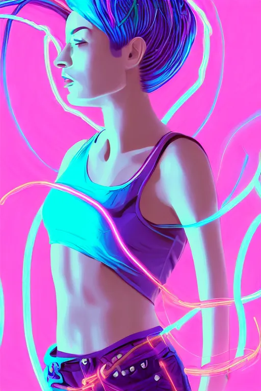 Prompt: a award winning half body portrait of a beautiful woman in a croptop and cargo pants with ombre purple pink teal hairstyle and hands in pockets by thomas danthony, surrounded by whirling illuminated lines, outrun, vaporware, shaded flat illustration, digital art, trending on artstation, highly detailed, fine detail, intricate