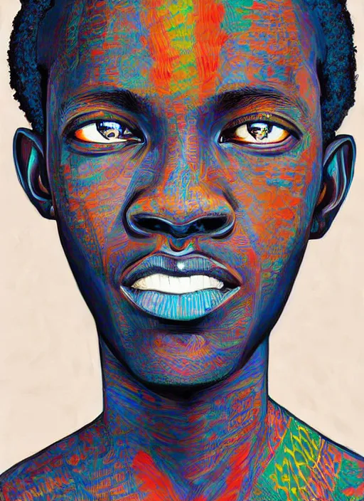Prompt: colourful upper half portrait an african boy - art by james jean, highly detailed, digital painting, illustration, illustration, smooth, sharp focus, intricate, symmetry, pinterest, behance, art station