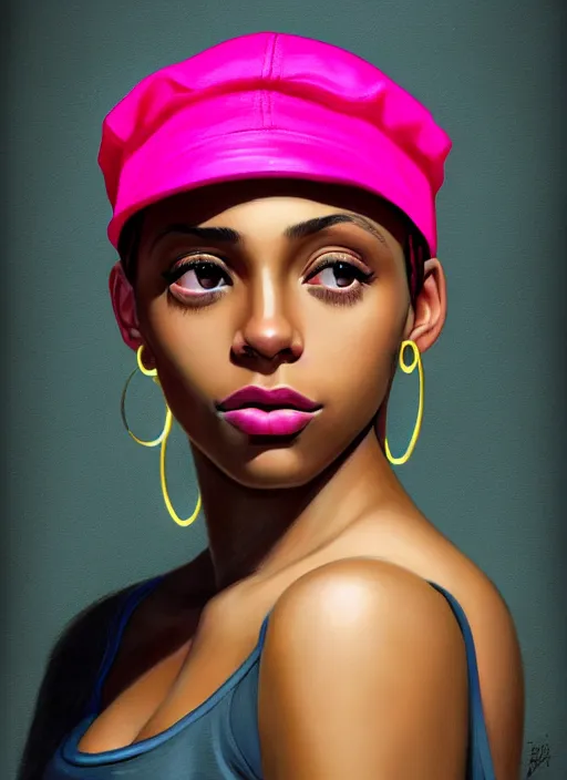 Image similar to portrait of teenage vanessa morgan with bright pink hair, black girl, vanessa morgan, curly pixie cut hair, wearing newsboy cap, newsboy cap, hoop earrings, intricate, elegant, glowing lights, highly detailed, digital painting, artstation, concept art, smooth, sharp focus, illustration, art by wlop, mars ravelo and greg rutkowski