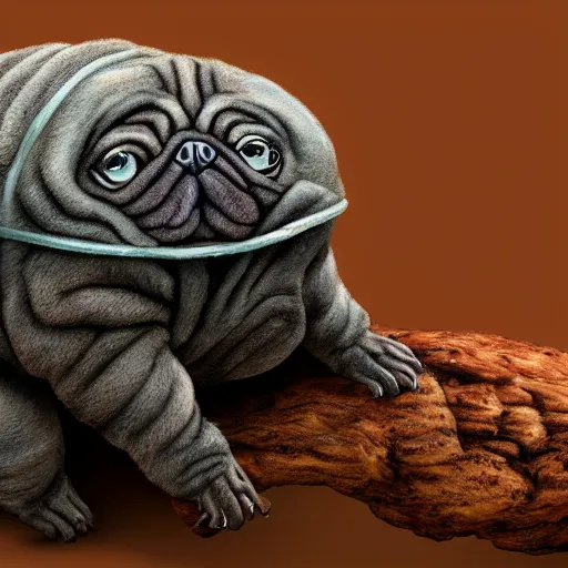 Image similar to A tardigrade with the eyes and mouth of a pug, national geographic-file-photograph, paywall-content, premium-award-winning, trending on artstation