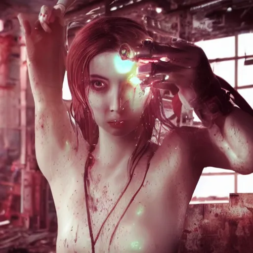 Image similar to Ana de Armas as a gorgeous feminine cyborg with white skin and glowing red eyes looking at herself in a mirror, a mirror in a derelict machine shop with wires and heavy machinery dripping with white liquid, feminine anatomy, sparks, post-apocalyptic, goth, metal, witchcraft, shadows, cinematic lighting, octane render, 8k, high detail