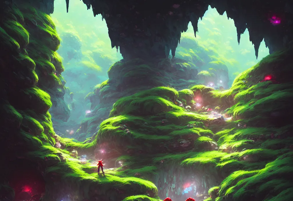 Image similar to a dark cave tunnel with crystals and moss, intricate oil painting, high detail illustration, sharp high detail, manga and anime 1 9 9 9, official fanart behance hd artstation by jesper ejsing and makoto shinkai, 4 k,