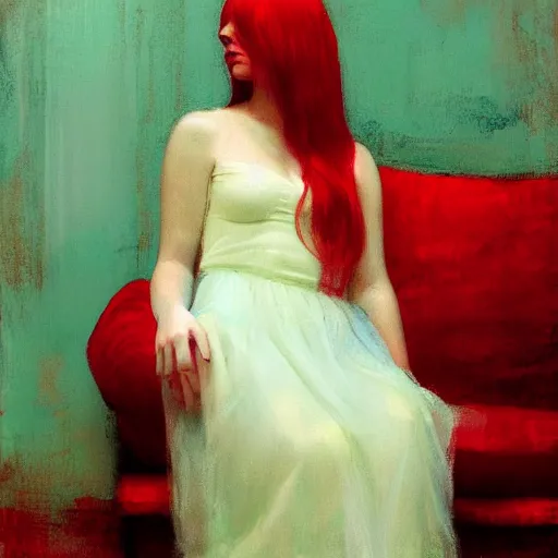 Image similar to young woman, long red hair, transparent white dress, lying on a red sofa, blue green colorscheme, desaturated colors, cinematic, painted in the style of jeremy lipking