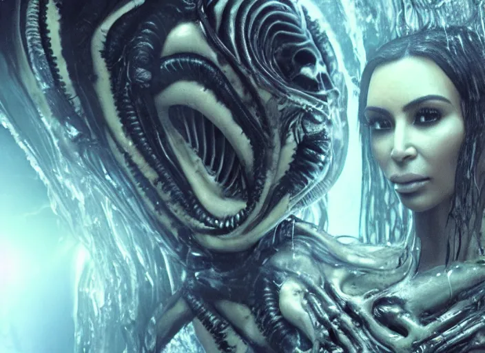 Image similar to film still of kim kardashian being held tightly by an xenomorph slathered in a transparent alien liquid, wet flowing hair, gooey skin, illustration, unreal engine 5, 8 k, directed by h. r. giger.