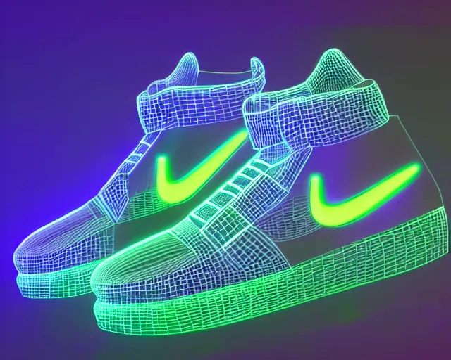 Prompt: 3D render of nike sneakers with neon lights from below, futuristic style, creative design, highly detailed, award winning, unreal engine 5, studio lighting, neon background