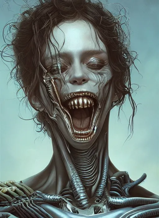 Prompt: a hyper detailed chest and head portrait of ellen ripley becoming a xenomorph, by tom bagshaw, by zdzisław beksinski, trending on artstation