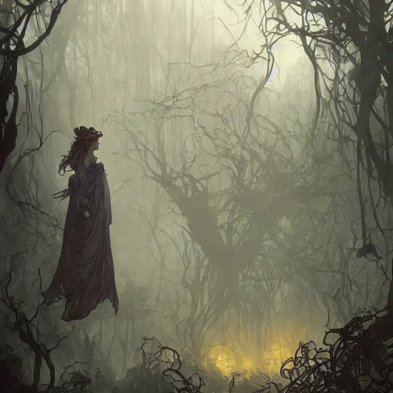 Image similar to a lone figure standing in front of a haunted victorian house in a dense dark forest, concept art, by Peter Mohrbacher and Alphonse Mucha, detailed, style, 8k, trending on artstation, unreal engine 4k, detailed, clean background trending, full shot, symmetrical portrait, sophisticated, Unreal engine, dystopia, anti-utopia, post processing, psychadelic