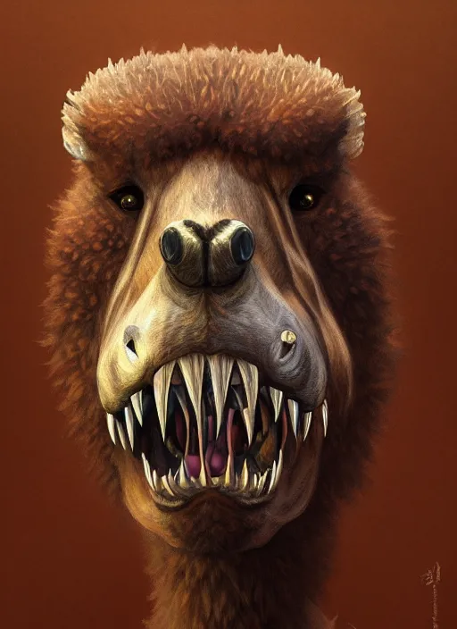 Image similar to anthropomorphic dire alpaca irontooth biter, intricate, elegant, highly detailed animal monster, digital painting, artstation, concept art, smooth, sharp focus, illustration, art by artgerm and greg rutkowski and alphonse mucha, 8 k