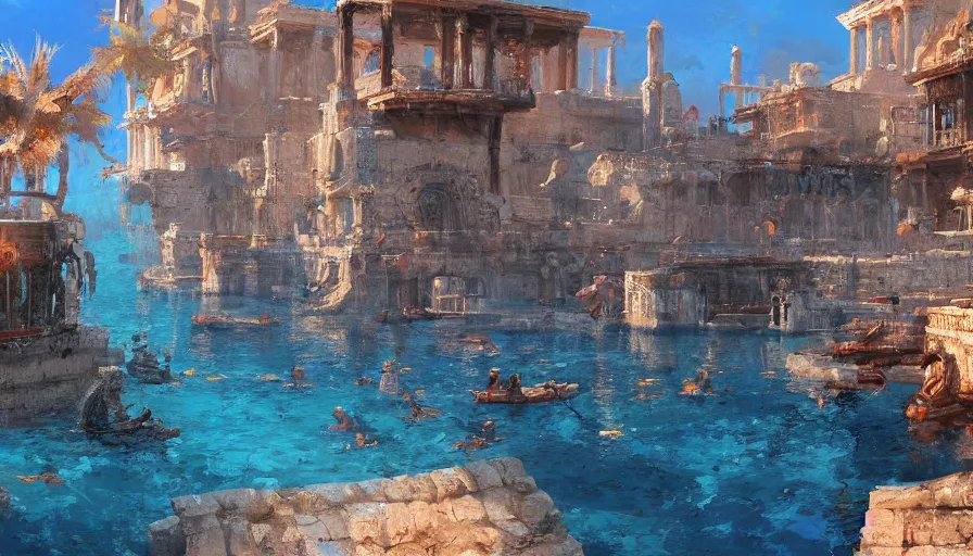 Prompt: Aquatic ancient city, greek style paint by Craig Mullins, hyperdetailed, artstation, cgsociety, 8k