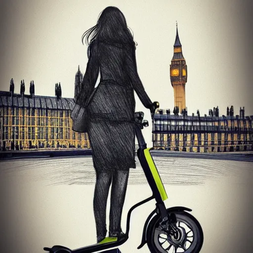 Prompt: a sketch drawing, woman on scooter, big ben view, photorealistic, by gabo mendoza, trending on artstation