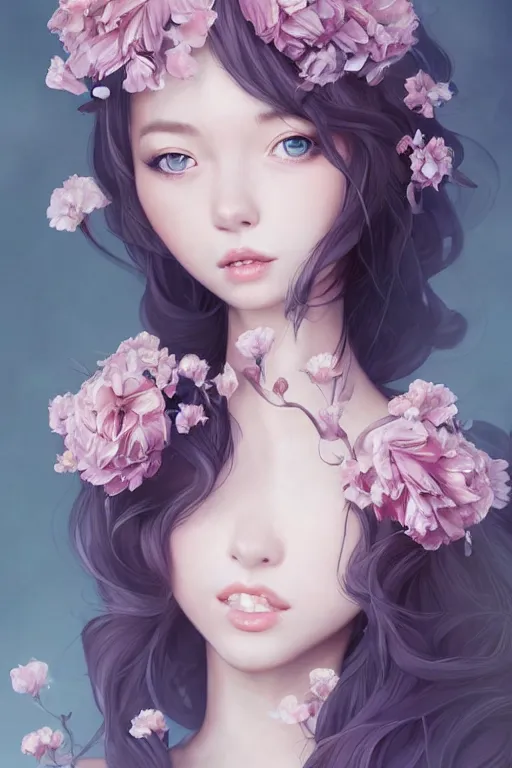 Image similar to romantic and fashion and love princess of the flower with sheath dress, 8 k realistic, teenager girl, baroque, symmetrical, flowing hair, smile, trending pinterest and pixiv, muted colors, hyperrealistic, l close up shot, character concept art, face by kyoung hwan kim, alexandra fomina, ilya kuvshinov