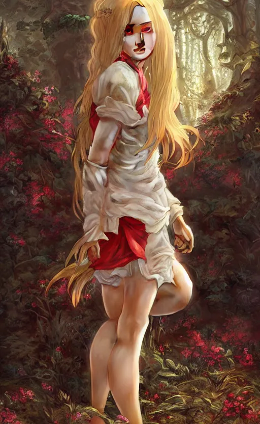 Image similar to full body shot of a young girl with blond twin tail hair and red eyes, ultra realistic, concept art, intricate details, eerie, highly detailed, photorealistic, octane render, 8 k, unreal engine, art by artgerm and greg rutkowski and alphonse mucha