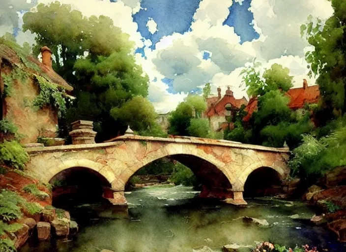 Image similar to watercolor of rustic stone bridge with mural, ivy, summer daylight, bright clear day, clouds, high detailed art by dennis miller bunker, work by anders zorn, wonderful masterpiece by greg rutkowski, beautiful cinematic light, american romanticism by greg manchess, creation by tyler edlin