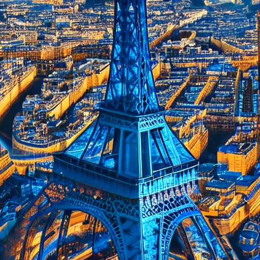 Image similar to photo of blue dragon at the Eiffel Tower, 50mm, beautiful photo