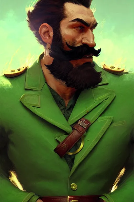 Image similar to gigachad luigi fighting like ernest khalimov in a green suit with a beard, fantasy character portrait, ultra realistic, full body concept art, intricate details, highly detailed by greg rutkowski, ilya kuvshinov, gaston bussiere, craig mullins, simon bisley