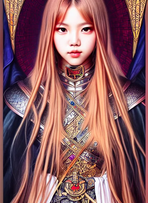 Image similar to lalisa manoban of blackpink, medieval armor, tarot card, highly detailed, digital painting, smooth, sharp focus, illustration, ultra realistic, 8 k, art by artgerm and alphonse mucha