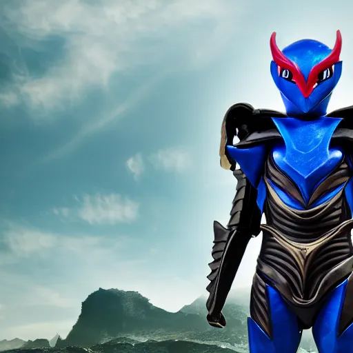 Image similar to High Fantasy Kamen Rider standing in a rock quarry, full body, 4k, glowing eyes, daytime, rubber suit, dark blue segmented armor, dragon inspired armor, centered in frame, promotional picture