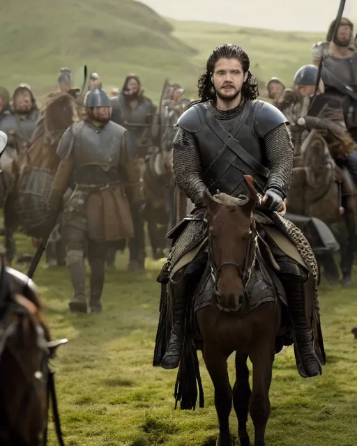 Prompt: kit harington as Uhtred of Bebbanburg, on horseback, ready to lead his men into battle, in the last kingdom, 4k tv still, cdx