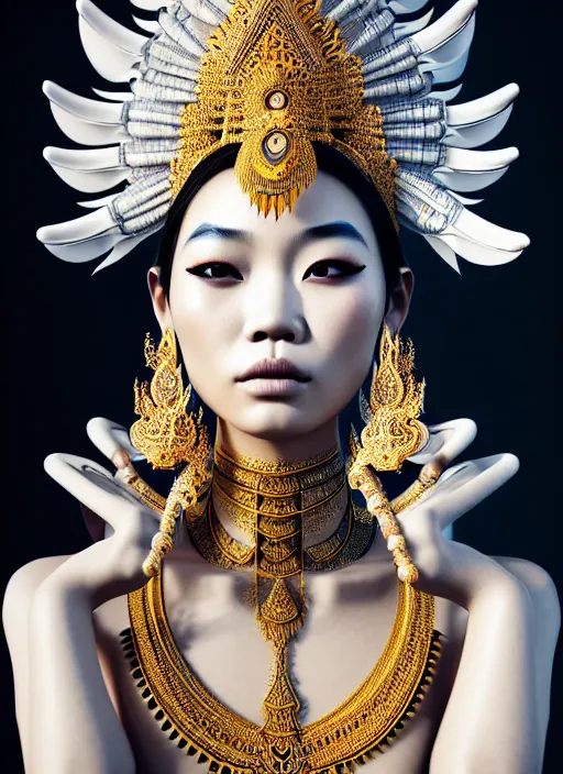 Prompt: absurdly beautiful young thai woman with symmetrical white makeup, wearing an intricate headdress made from bones, wearing large earrings made from white bones, hyperdetailed illustration by irakli nadar and alexandre ferra, intricate linework, unreal engine 5 highly rendered, global illumination, radiant light, detailed and intricate environment