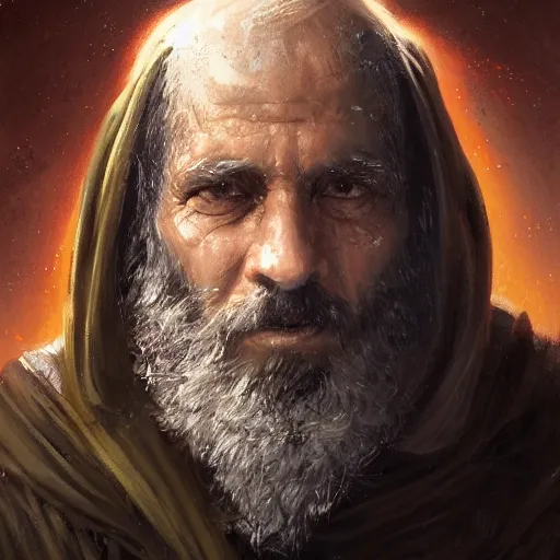 Image similar to portrait of a man by Greg Rutkowski, a Jedi Master in his 60s, Arab features and olive skin, long black hair and beard, wise appearance, orange robes, Star Wars Expanded Universe, he is about 60 years old, highly detailed portrait, digital painting, artstation, concept art, smooth, sharp foccus ilustration, Artstation HQ