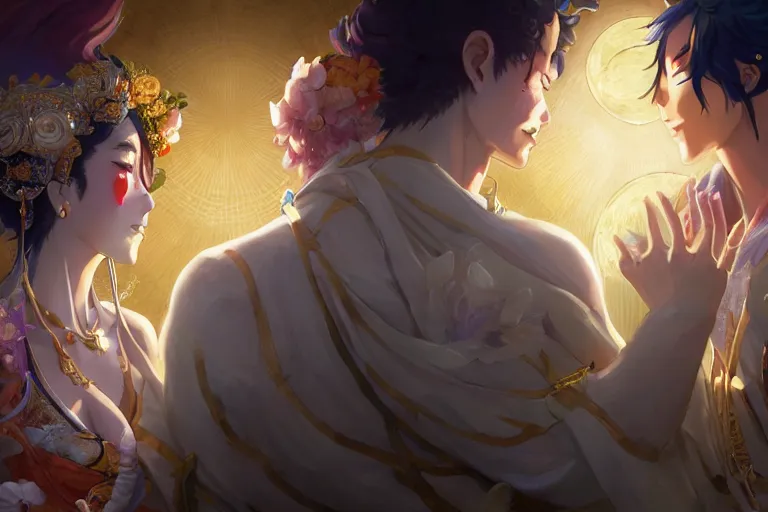 Image similar to close up moment of a divine a japan sun god and a moon goddess lovers magician at a wedding banquet, highly detailed, d & d, fantasy, 4 k realistic, digital painting, trending on artstation, concept art, sharp focus, illustration, art by makoto shinkai and akihiko yoshida and daniel gerhartz