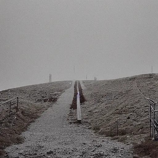 Image similar to a staircase on a desolate plain. the stairs lead nowhere Cinematic focus, fujicolor photo, vintage, neutral colors, soft lights, foggy, panorama by by Serov Valentin, by lisa yuskavage, by Andrei Tarkovsky