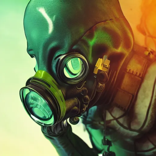 Prompt: human cyborg reptile hybrid with gas mask and green toxins popping from body full shot cinematographic high quality highly detailed ultra realistic 8 k