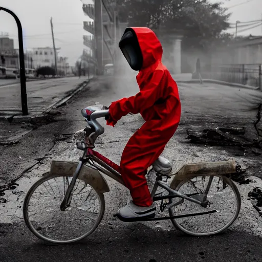 Image similar to a photo of a boy wearing a hazmat suit, riding a bike, side-view, smoke in the background, filthy streets, broken cars. Vines growing. Jpeg artifacts. Full-color photo. Color color color color color. Award-winning photo. Samyang/Rokinon Xeen 50mm T1.5