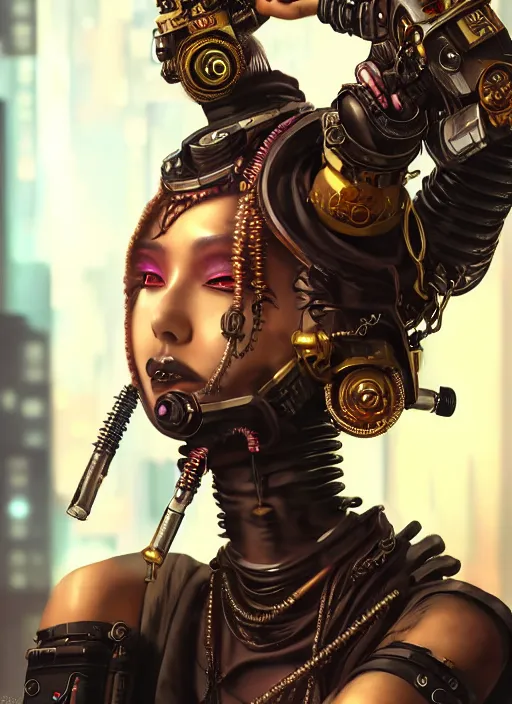 Image similar to soft lustrous ebony geisha seductive raver gutter punk steampunk cyborg, yakuza, golden ratio, details, scifi, fantasy, cyberpunk city, intricate, decadent, highly detailed, octane render, digital painting, artstation, concept art, sharp focus, illustration, art by artgerm, loish, wlop