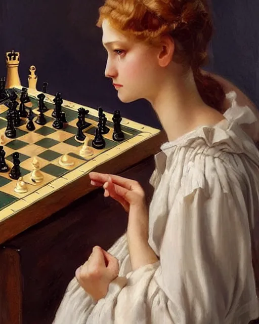 Image similar to a girl playing chess, beautiful face, oil on canvas, artstation, by j. c. leyendecker and edmund blair leighton and charlie bowater, beautiful face, octane, very aesthetic!!!!!!!!!!!!!!! stunning gorgeous big eyes