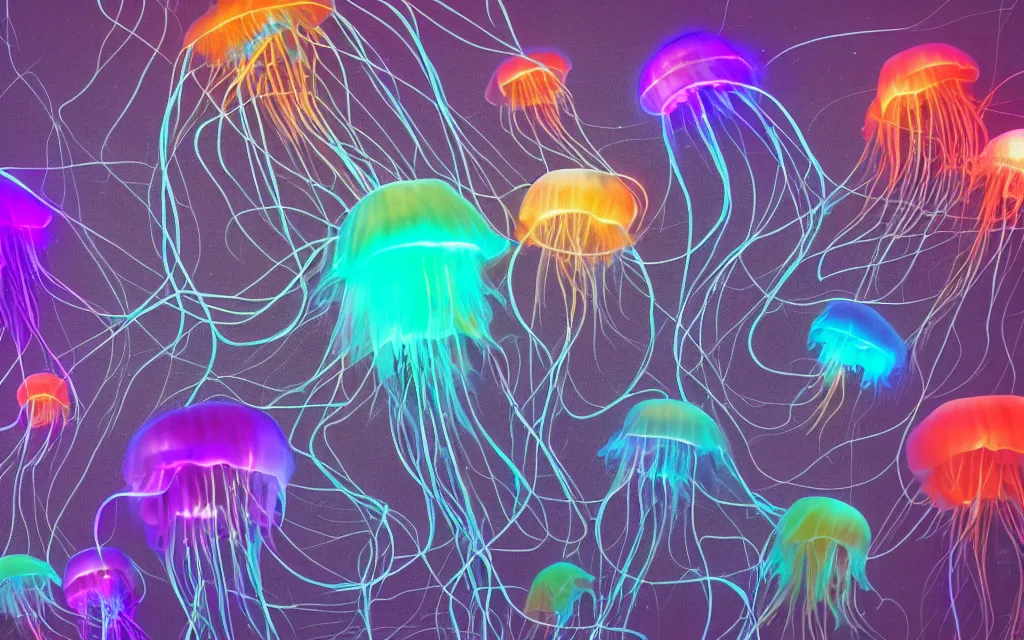 Prompt: electric jellyfish, highly detailed photo 8 k, muted colors
