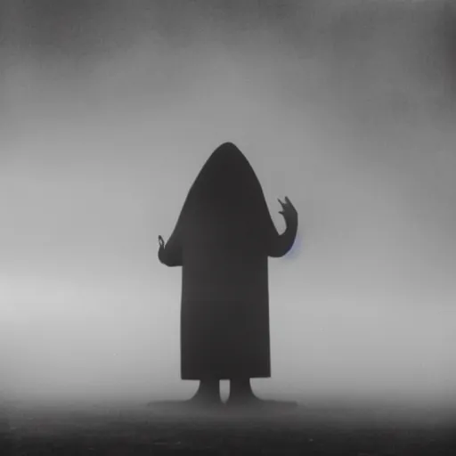 Image similar to old black and white photo of a giant humanoid figure floating in the distance, foggy, surreal, creepy, horror, scary,