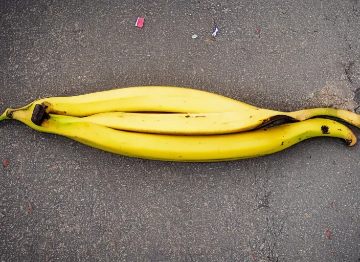 Prompt: A banana peel lying on the sidney harbour bridge, sunset